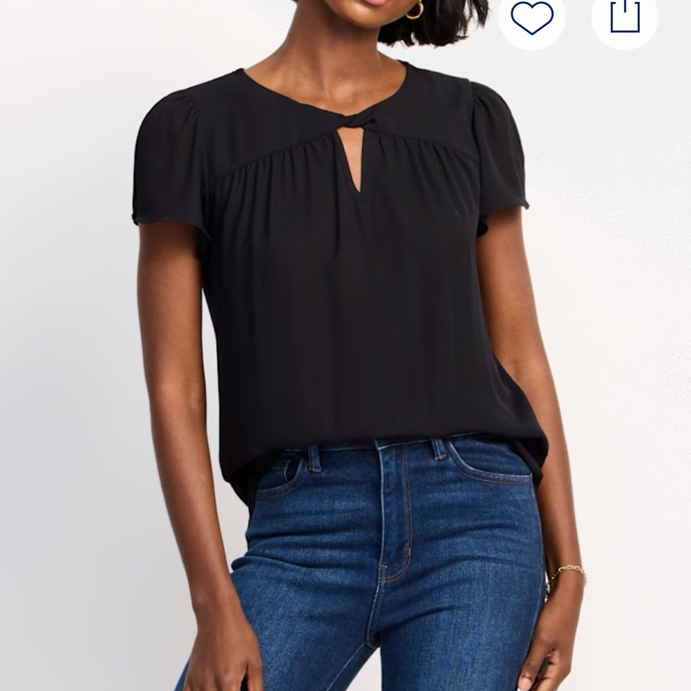 Classic Keyhole Short-Sleeve Blouse - Black